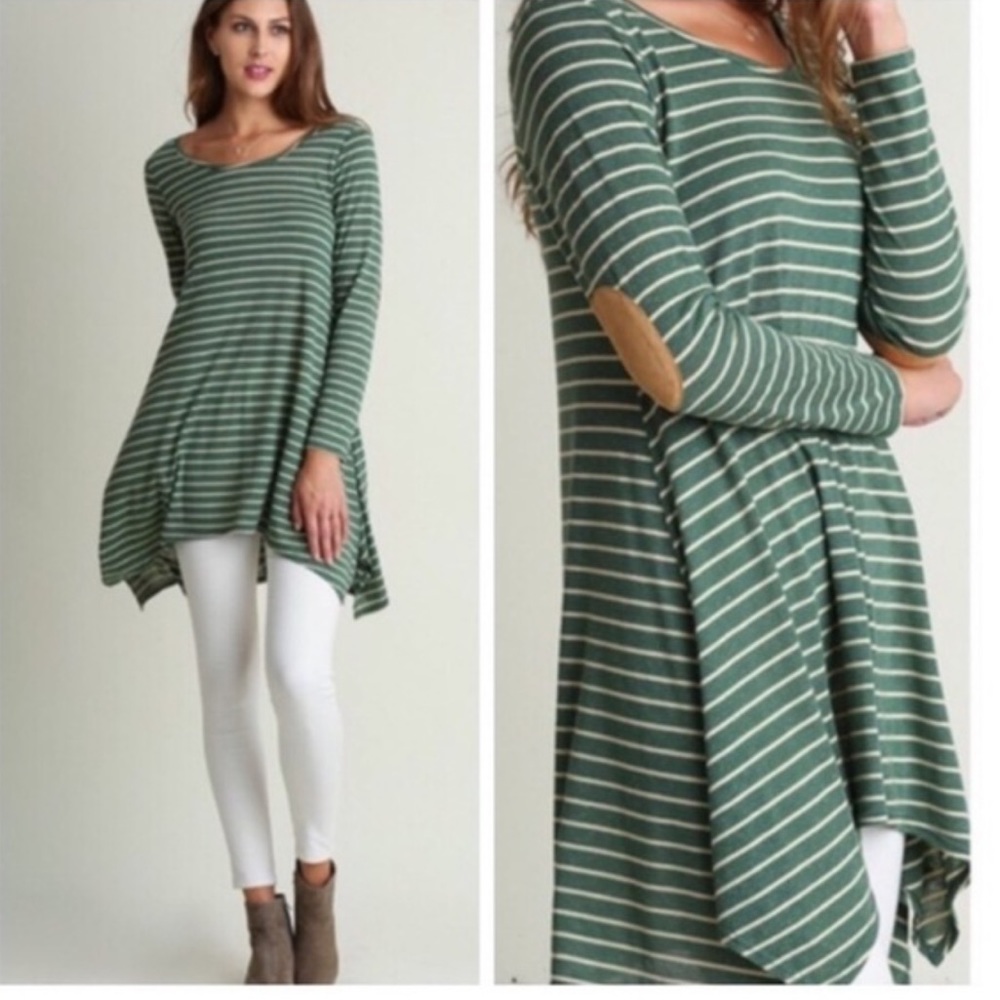 Umgee‎ Green Striped Tunic Dress with Elbow Patches